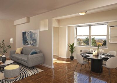 View of living and dining area in a furnished apartment at Skyline Towers