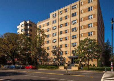 The exterior of Skyline Towers apartment building in Washington, DC