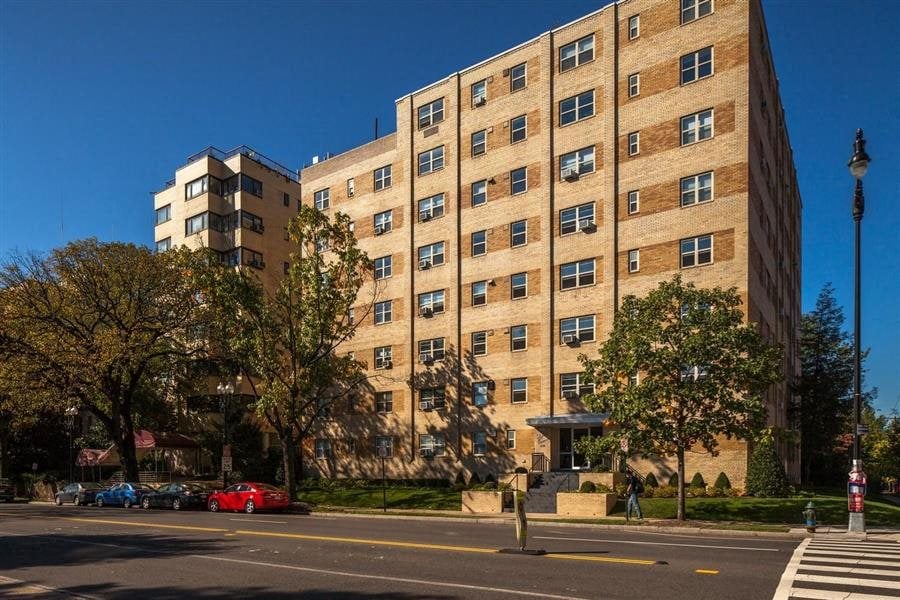 The exterior of Skyline Towers apartment building in Washington, DC